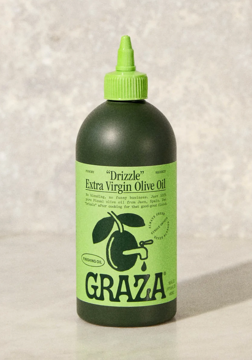 close up, green "drizzle" extra virgin olive oil, finishing oil. 